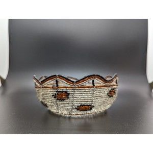 Vtg 4.5" Handmade Silver Metal Wire & Glass Beaded Boho Basket SW Geometric